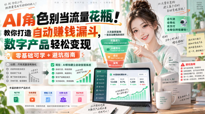AI角色别当流量花瓶!教你打造自动賺钱漏斗,数字产品轻松变现(零基础可学+避坑指南)【原创双语字幕】-网赚项目平台