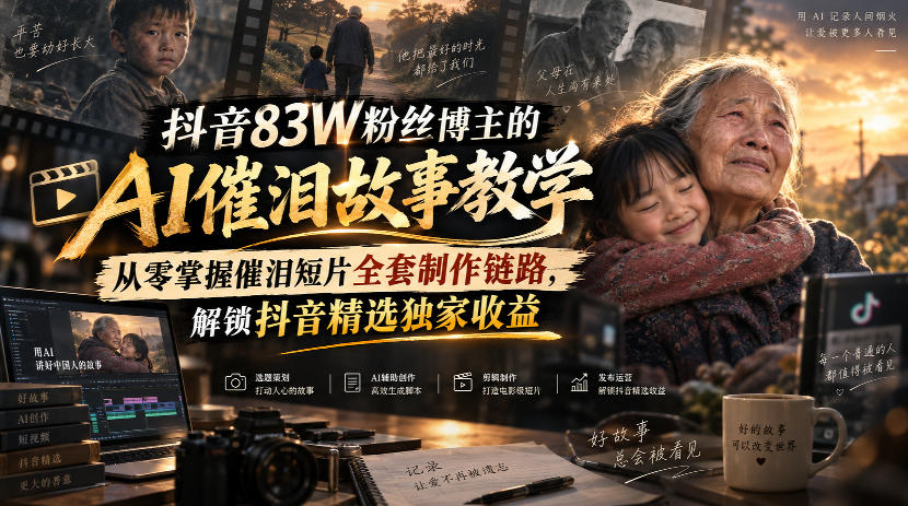 抖音83W粉丝博主的AI催泪故事教学，从零掌握催泪短片全套制作链路，解锁抖音精选独家收益-网赚项目平台