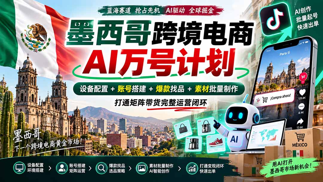 墨西哥AI跨境电商万号计划｜设备配置+账号搭建+爆款找品+素材批量制作，打通矩阵带货完整运营闭环-网赚项目平台