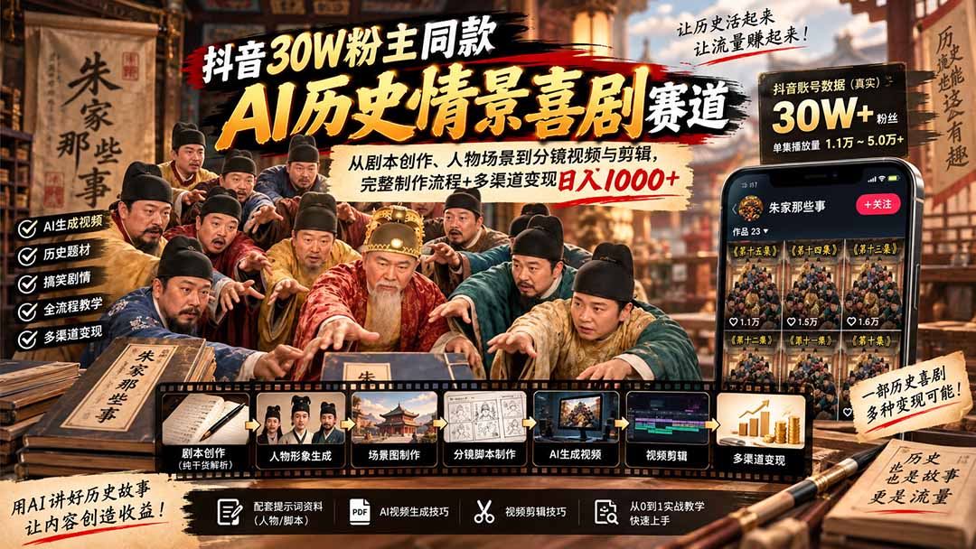 抖音30W粉博主同款AI历史情景喜剧赛道：从剧本创作、人物场景到分镜视频与剪辑，完整制作流程+多渠道变现日入1000+-网赚项目平台