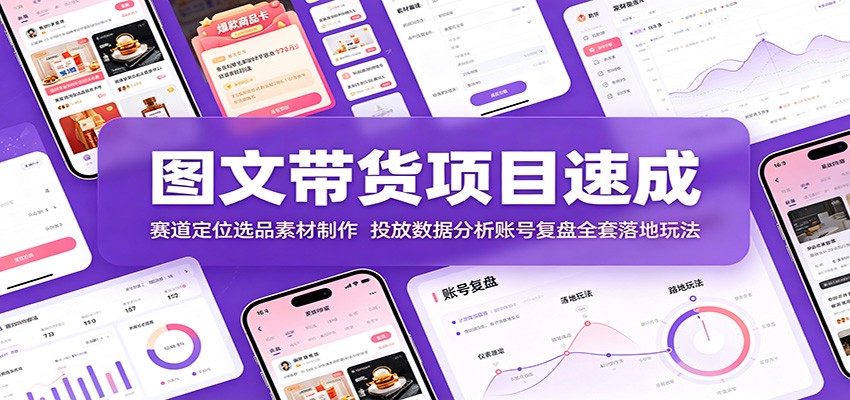 图文带货项目速成：赛道定位选品素材制作，投放数据分析账号复盘全套落地玩法-网赚项目平台