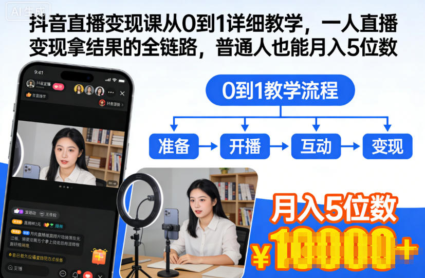 抖音直播变现课从0到1详细教学,一人直播变现拿结果的全链路,普通人也能月入5位数-网赚项目平台