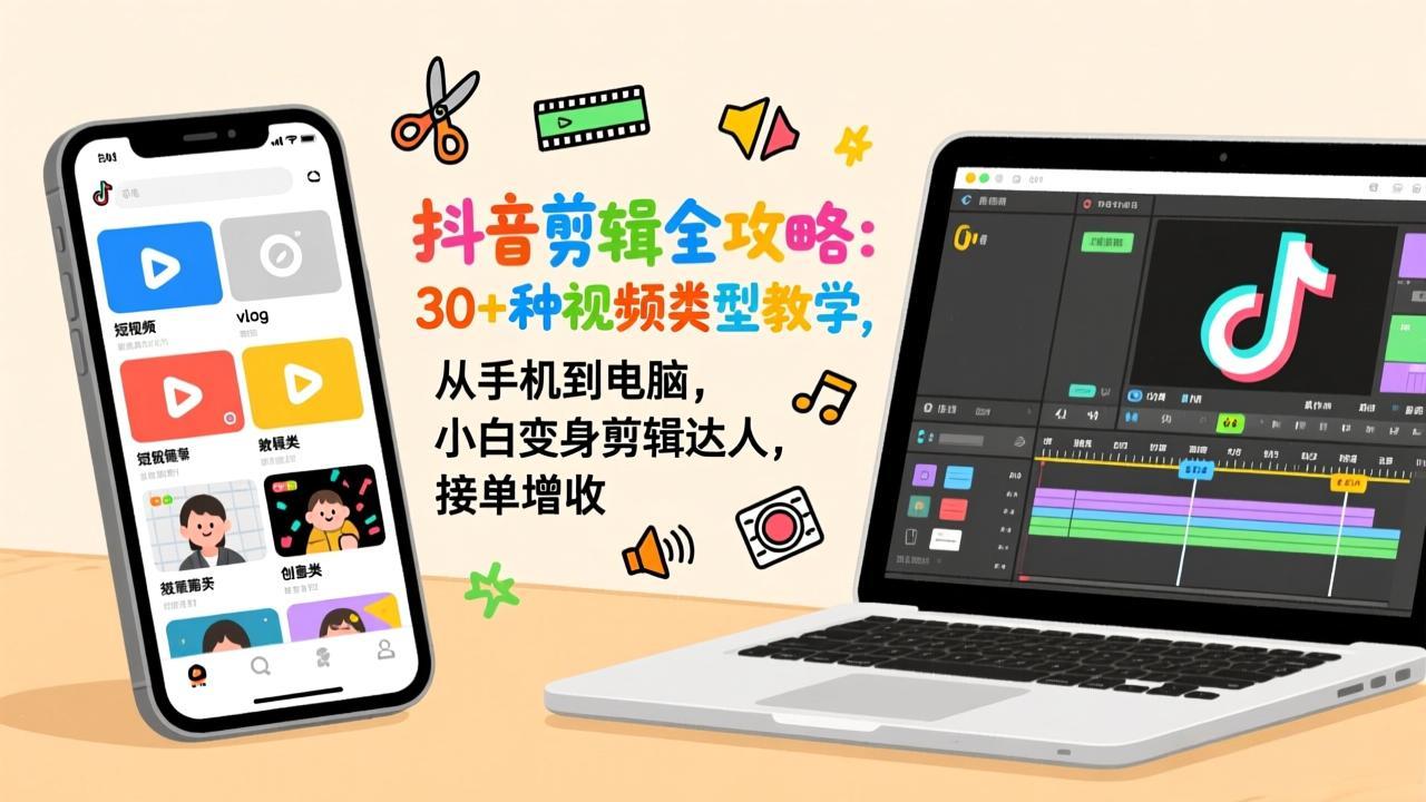 抖音剪辑全攻略：30+种视频类型教学，从手机到电脑，小白变身剪辑达人，接单增收-网赚项目平台