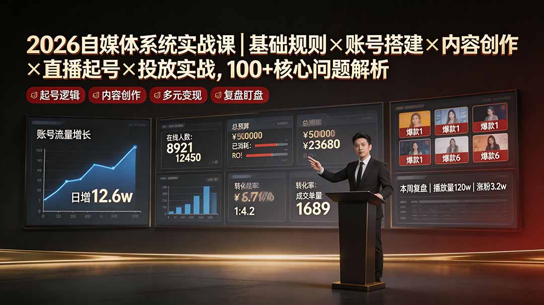 2026自媒体系统实战课｜基础规则×账号搭建×内容创作×直播起号×投放实战，100+核心问题解析-网赚项目平台