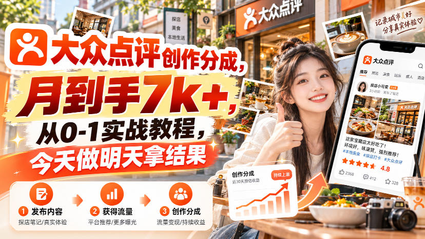 大众点评创作分成，月到手7k+，从0-1实战教程，今天做明天拿结果-网赚项目平台