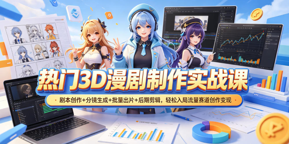 热门3D漫剧制作实战课，剧本创作+分镜生成+批量出片+后期剪辑，轻松入局流量赛道创作变现-网赚项目平台