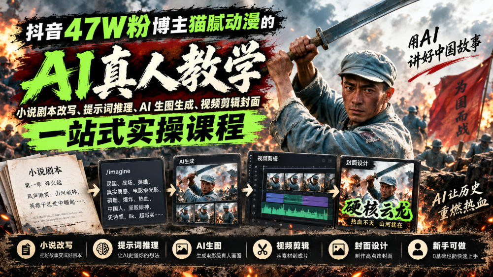 抖音47W粉博主猫腻动漫的AI真人漫剧教学，小说剧本改写、提示词推理、AI生图生成、视频剪辑封面一站式实操课程-网赚项目平台
