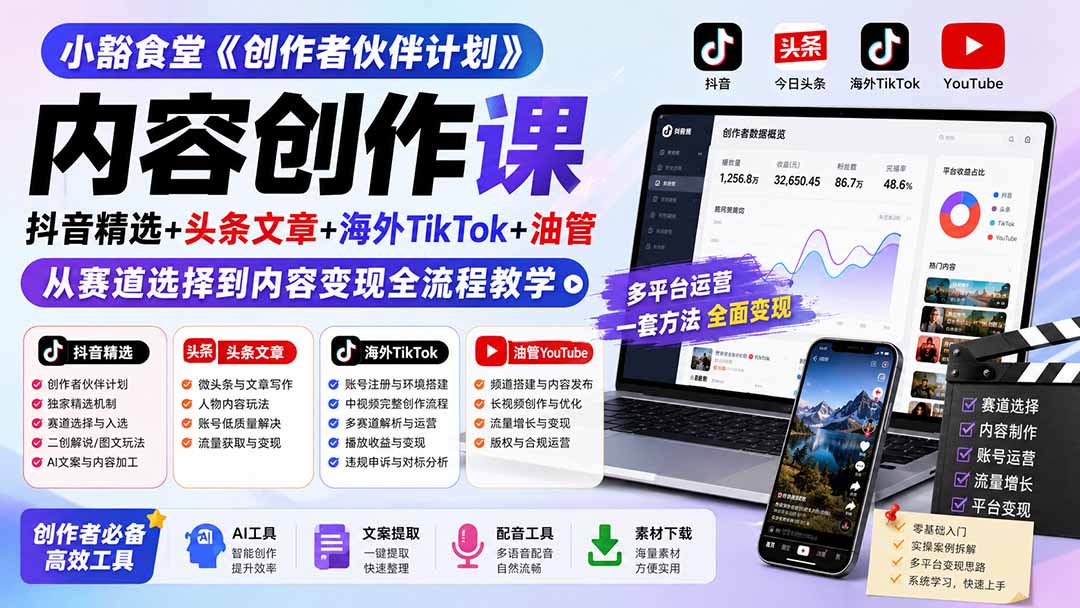 小豁食堂《创作者伙伴计划》内容创作课：抖音精选+头条文章+海外TikTok+油管，从赛道选择到内容变现全流程教学-网赚项目平台
