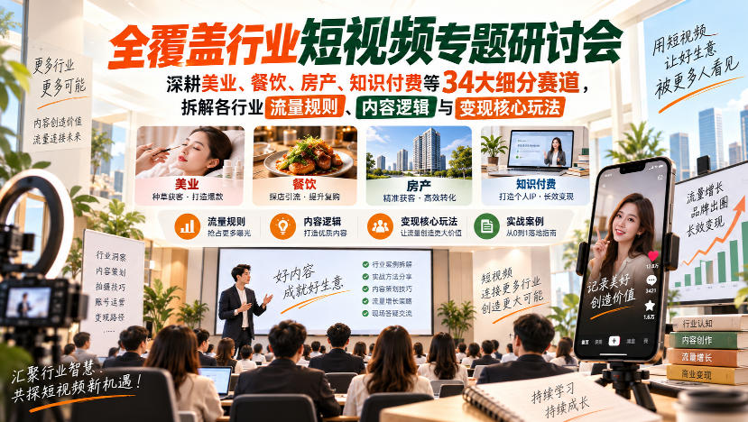 短视频专题研讨会，深耕美业、餐饮、房产、知识付费等34大细分赛道，拆解各行业流量规则、内容逻辑与变现核心玩法-网赚项目平台