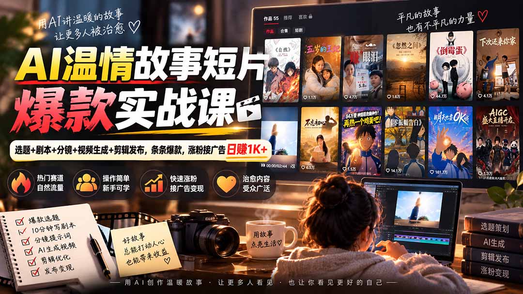 AI温情故事短片爆款实战课-更新｜选题+剧本+分镜+视频生成+剪辑发布，条条爆款，涨粉接广告日赚1K+-网赚项目平台