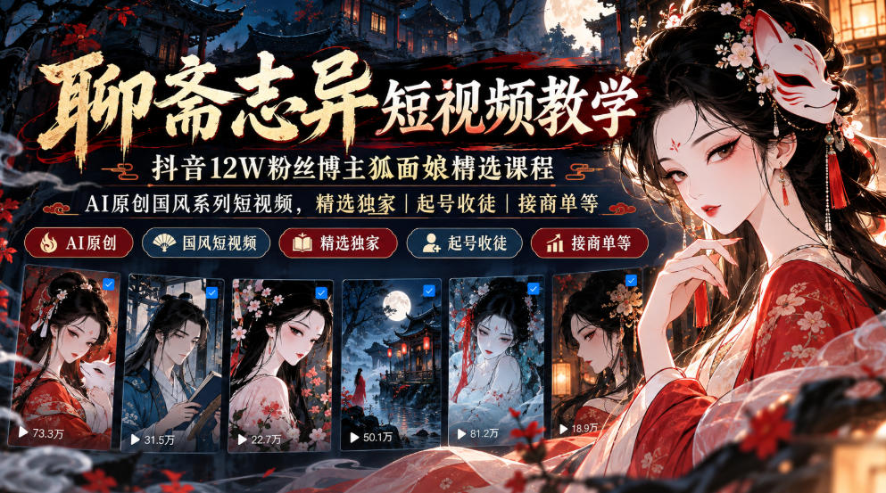 聊斋志异短视频教学,抖音12W粉丝博主狐面娘精选课程,AI原创国风系列短视频,精选独家丨起号收徒丨接商单等-网赚项目平台