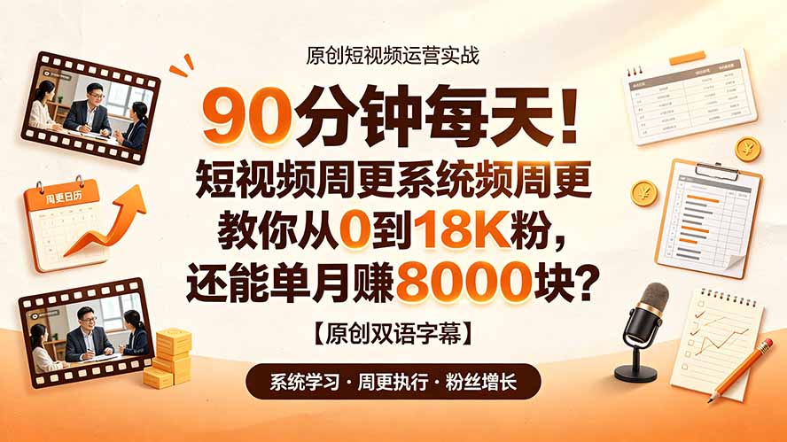 90 分钟每天！短视频周更系统教你从 0 到 18K 粉，还能单月赚 8000 块？【原创双语字幕】-网赚项目平台