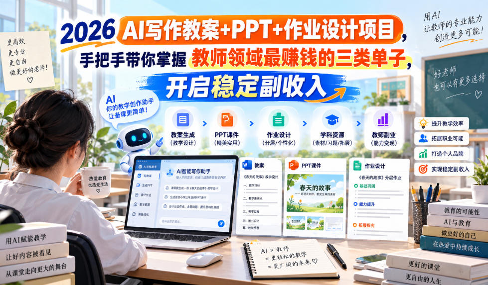 2026 AI写作教案+PPT+作业设计项目，手把手带你掌握教师领域最賺钱的三类单子，开启稳定副收入-网赚项目平台