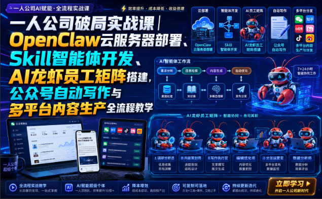 一人公司破局实战课｜OpenClaw云服务器部署、Skill智能体开发、AI龙虾员工矩阵搭建，公众号自动写作与多平台内容生产全流程教学-网赚项目平台