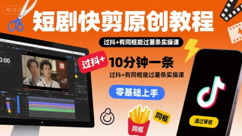 短剧快剪原创教程，10分钟一条，过抖+有同框能过薯条实操课-网赚项目平台