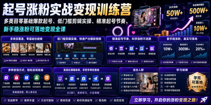 苗子起号涨粉实战变现训练营,多类目零基础爆款起号、精准起号节奏、新手稳涨粉可落地变现全课(更新0719)-网赚项目平台