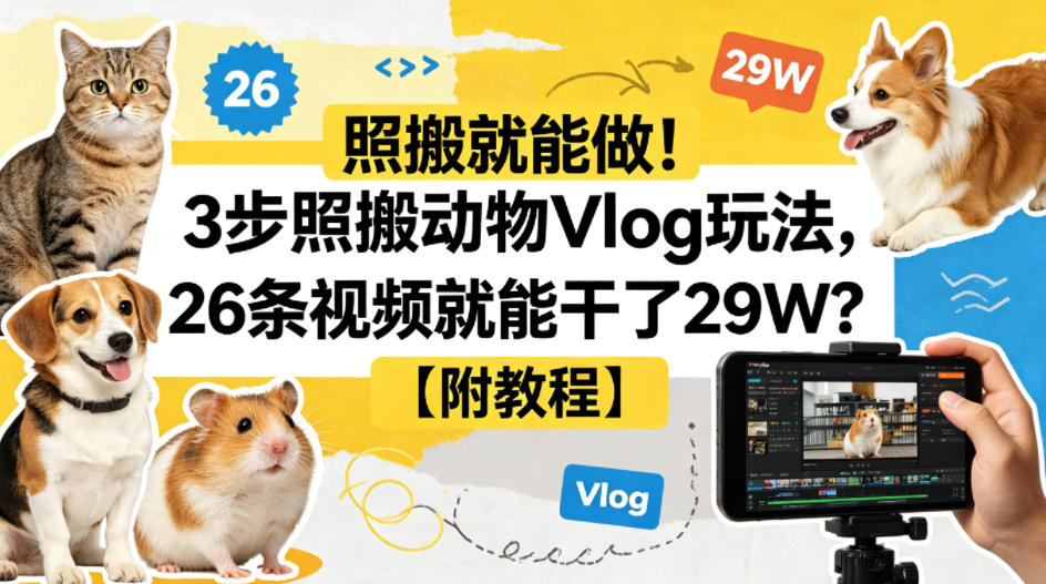 照搬就能做！3步照搬动物Vlog玩法，26条视频就能干了29W？【附教程】【赠coze一键生成工作流】-网赚项目平台