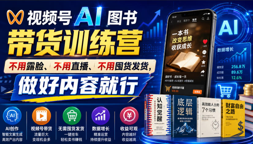 视频号AI图书带货训练营，不用露脸、不用直播、不用囤货发货，做好内容就行，一条爆款视频佣金8942-网赚项目平台