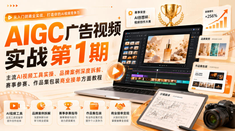 AIGC广告视频实战第1期,主流AI视频工具实操、品牌案例深度拆解、赛事参赛、作品集包装商业接单方面教程-网赚项目平台