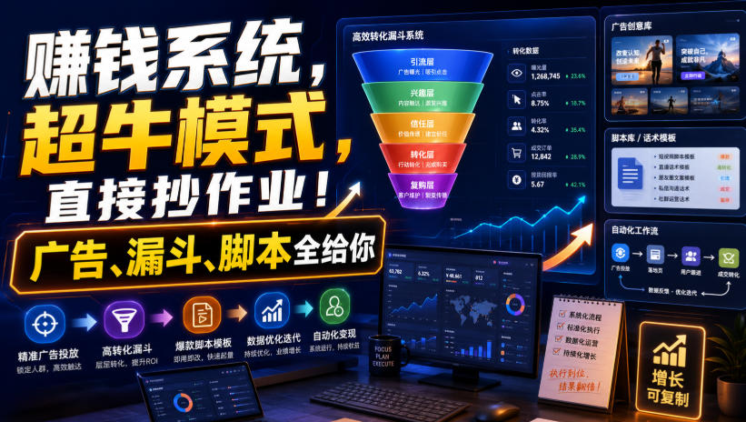 賺钱系统，超牛模式，直接抄作业！广告、漏斗、脚本全给你【原创双语字幕】-网赚项目平台