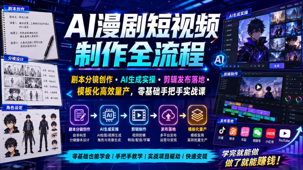 AI漫剧短视频制作全流程｜剧本分镜创作・AI生成实操・剪辑发布落地・模板化高效量产，零基础手把手实战课-网赚项目平台