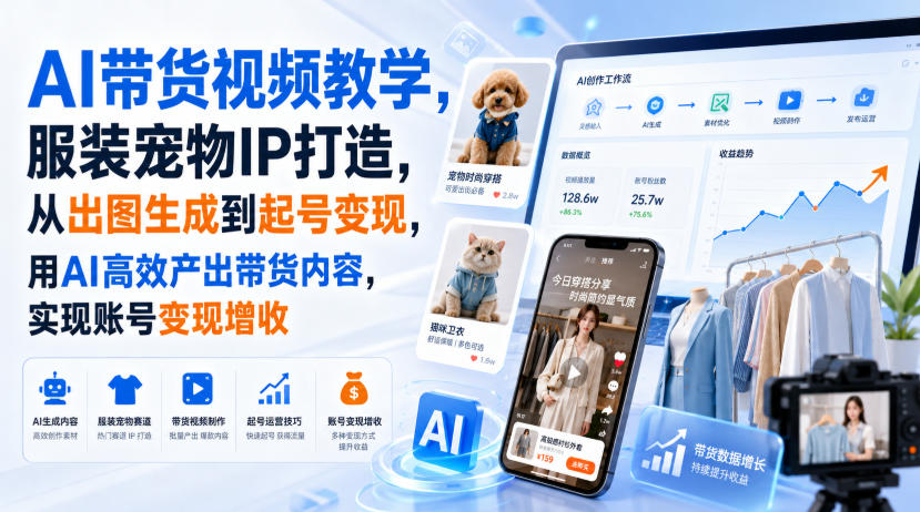 AI带货视频教学，服装宠物IP打造，从出图生成到起号变现，用AI高效产出带货内容，实现账号变现增收-网赚项目平台