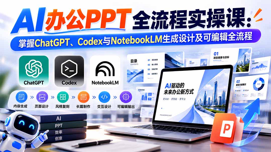 【无水印】AI办公PPT全流程实操课： 掌握ChatGPT、Codex与NotebookLM生成设计及可编辑全流程-网赚项目平台