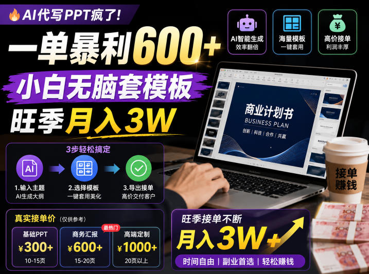 AI代写PPT疯了!一单暴利600+,小白无脑套模板,旺季月入3W,不用苦哈哈引流【揭秘】-网赚项目平台