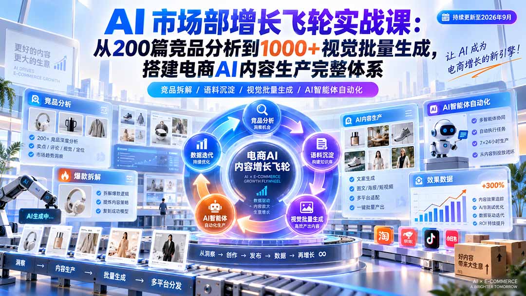 AI 市场部增长飞轮实战课：从200篇竞品分析到1000+视觉批量生成，搭建电商AI内容生产完整体系-网赚项目平台
