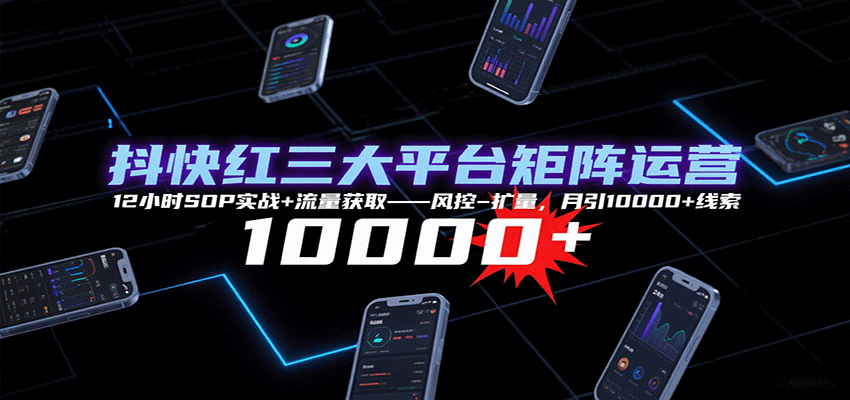 抖快红三大平台矩阵运营，12小时SOP实战+流量获取-风控-扩量，月引10000+线索-网赚项目平台