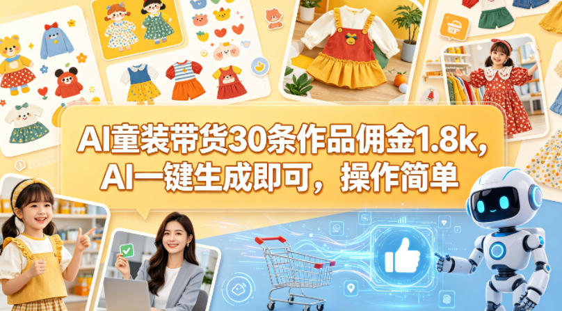 AI童装带货30条作品佣金1.8k，AI一键生成即可，操作简单-网赚项目平台