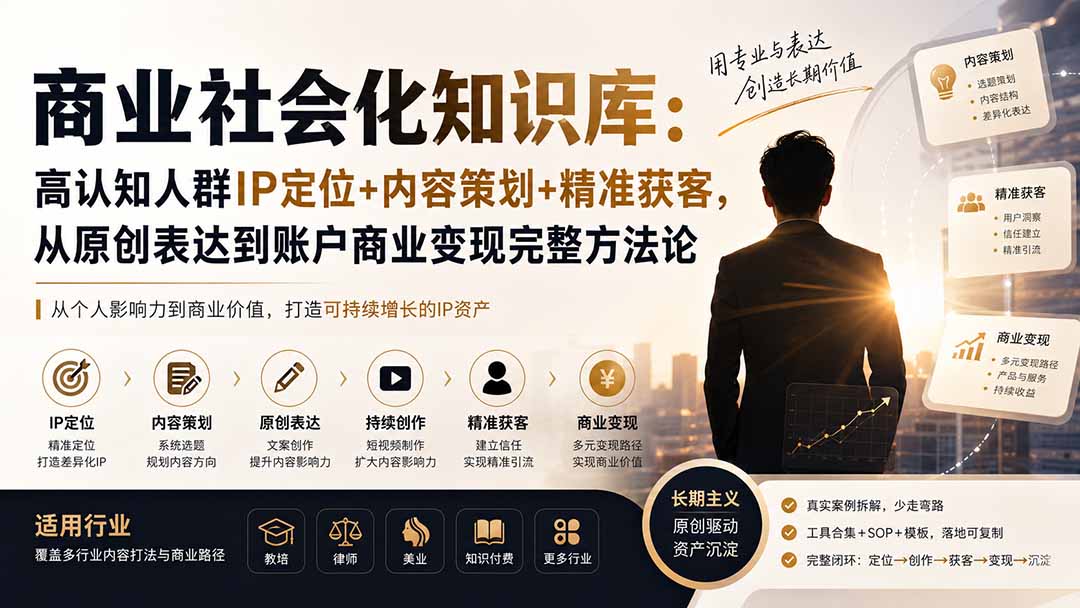 商业社会化知识库：高认知人群IP定位+内容策划+精准获客，从原创表达到账户商业变现完整方法论-网赚项目平台
