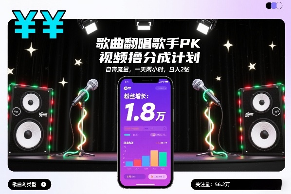歌曲翻唱歌手PK视频撸分成计划，自带流量，一天两小时，日入2张-网赚项目平台