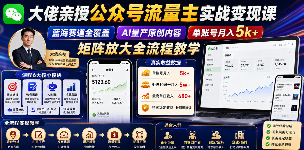 大佬亲授公众号流量主实战变现课，蓝海赛道全覆盖，AI量产原创内容，单账号月入5k+矩阵放大全流程教学-网赚项目平台