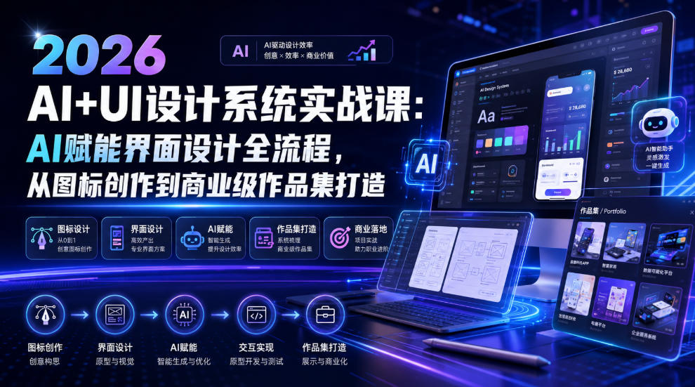 2026 AI+UI设计系统实战课:AI赋能界面设计全流程,从图标创作到商业级作品集打造-网赚项目平台
