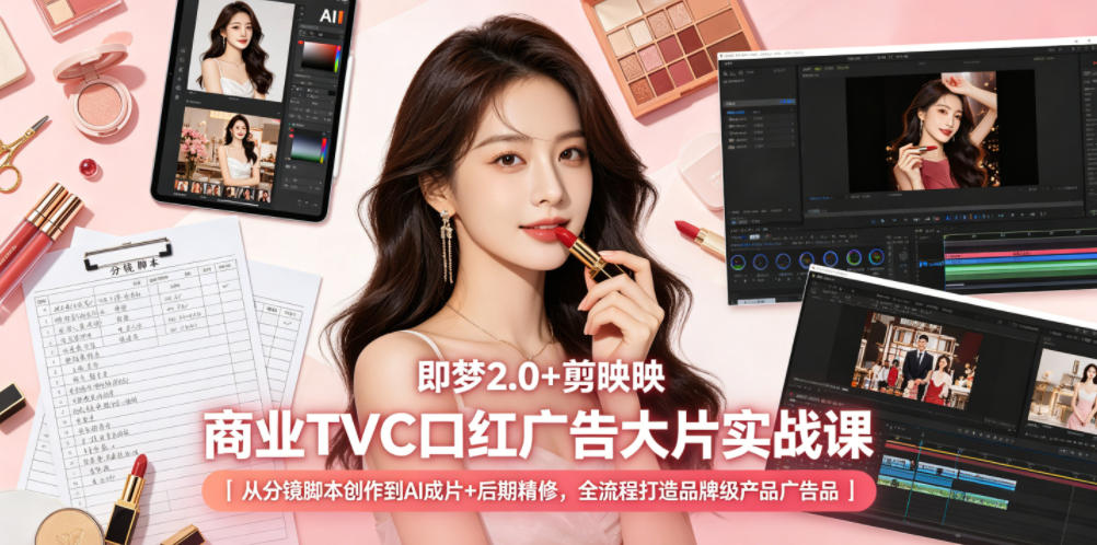 即梦2.0+剪映商业TVC口红广告大片实战课|从分镜脚本创作到AI成片+后期精修,全流程打造品牌级产品广告-网赚项目平台