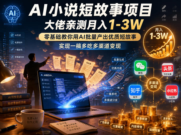 AI小说短故事项目，大佬亲测月入1-3W，零基础教你用AI批量产出优质短故事，实现一稿多吃多渠道变现(更新0910)-网赚项目平台