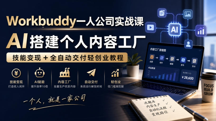 Workbuddy一人公司实战课，AI搭建个人内容工厂，技能变现+全自动交付轻创业教程​-网赚项目平台