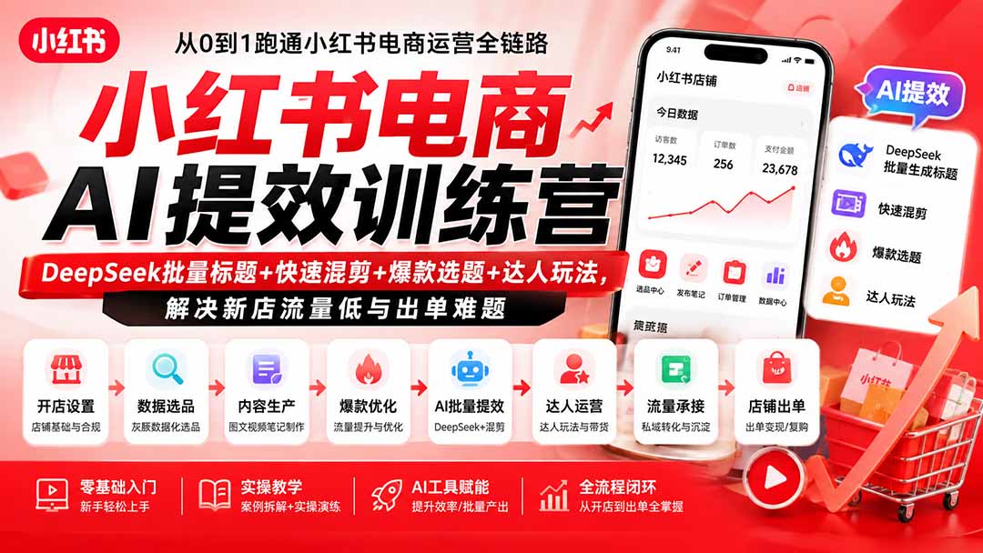 小红书电商AI提效训练营—DeepSeek批量标题+快速混剪+爆款选题+达人玩法，解决新店流量低与出单难题-网赚项目平台