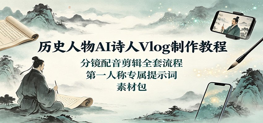 历史人物AI诗人Vlog制作教程：分镜配音剪辑全套流程，第一人称专属提示词素材包-网赚项目平台