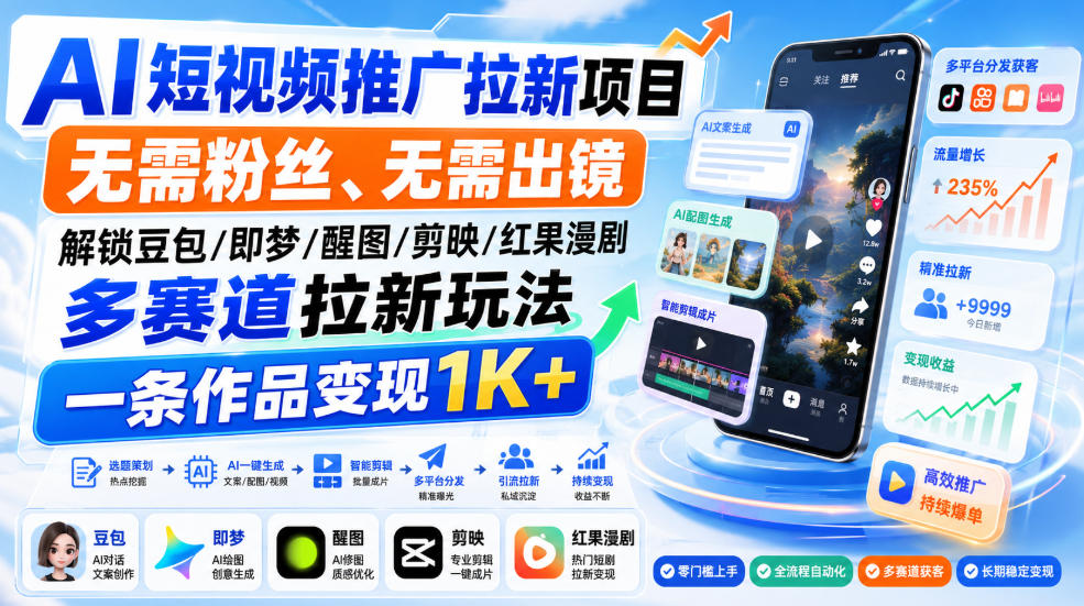 AI短视频推广拉新项目，无需粉丝、无需出镜，解锁豆包/即梦/醒图/剪映/红果漫剧多赛道拉新玩法，一条作品变现1K+(更新0910)-网赚项目平台