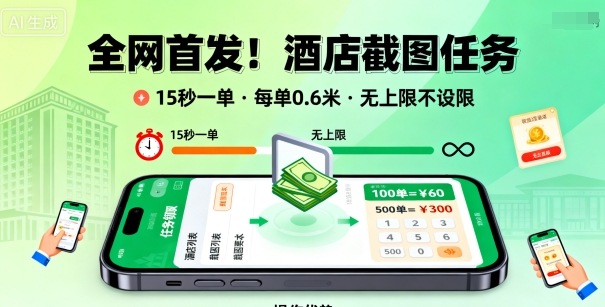 全网首发！酒店截图任务，15秒一单，每单0.6米，任务无上限不设限，矩阵操作单日3张到手【揭秘】-网赚项目平台