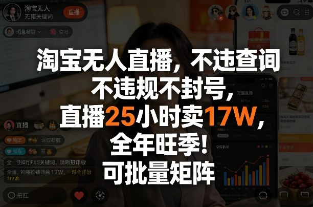 淘宝无人直播，不违规不封号，直播25小时卖17W，全年旺季！可批量矩阵【揭秘】-网赚项目平台