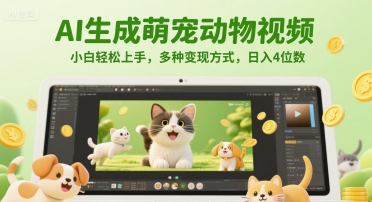 AI生成萌宠动物视频，小白轻松上手，多种变现方式，日入4位数-网赚项目平台