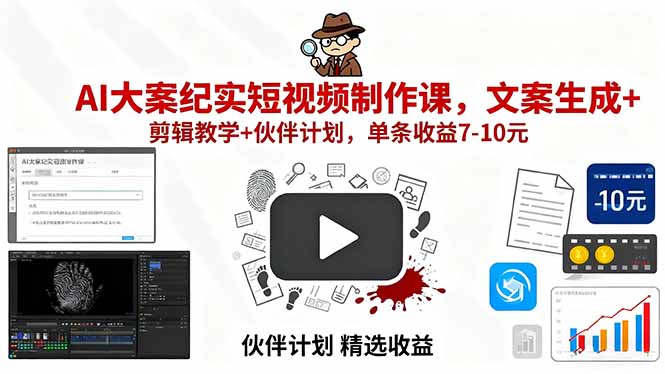 AI大案纪实短视频制作课,文案生成+剪辑教学+伙伴计划,单条收益7-10元-网赚项目平台