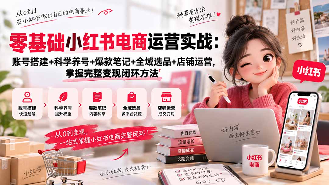 零基础小红书电商运营实战:账号搭建+科学养号+爆款笔记+全域选品+店铺运营,掌握完整变现闭环方法-网赚项目平台