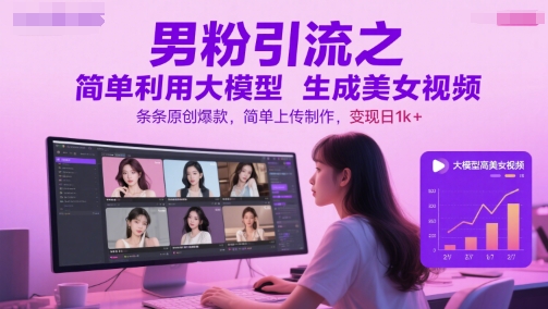 男粉引流之简单利用大模型生成美女视频，条条原创爆款，简单上传制作，变现日1k+-网赚项目平台