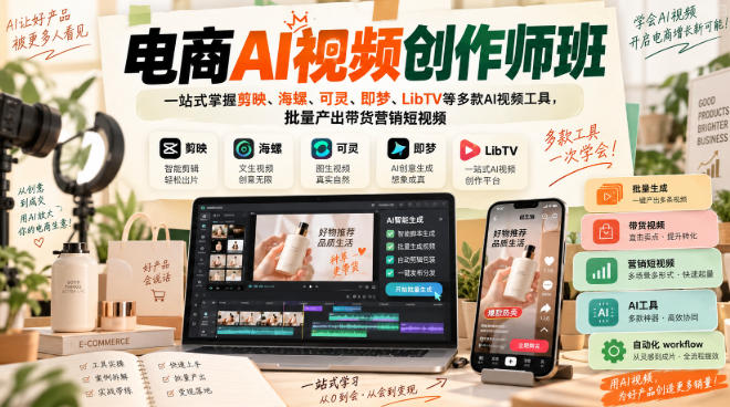 电商AI视频创作师班，一站式掌握剪映、海螺、可灵、即梦、LibTV等多款AI视频工具，批量产出带货营销短视频-网赚项目平台