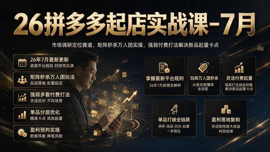 26拼多多起店实战课-7月｜市场调研定位赛道，矩阵秒杀万人团实操，强弱付费打法解决新品起量卡点-网赚项目平台