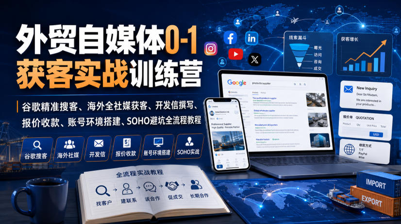 外贸自媒体0-1获客实战训练营｜谷歌精准搜客、海外全社媒获客、开发信撰写、报价收款、账号环境搭建、SOHO避坑全流程教程(更新)-网赚项目平台